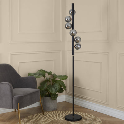 Blair Smoked Glass Ball and Black Metal Floor Lamp