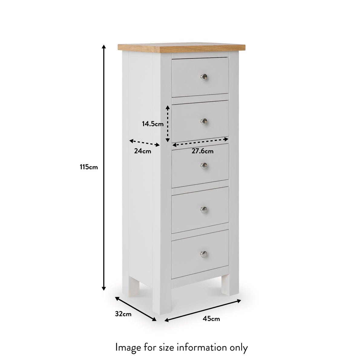 A white, wooden five-drawer tallboy with a natural wood top, marked with dimensions indicating a height of 115cm, width of 45cm, and depth of 32cm. Text: "Image for size information only."