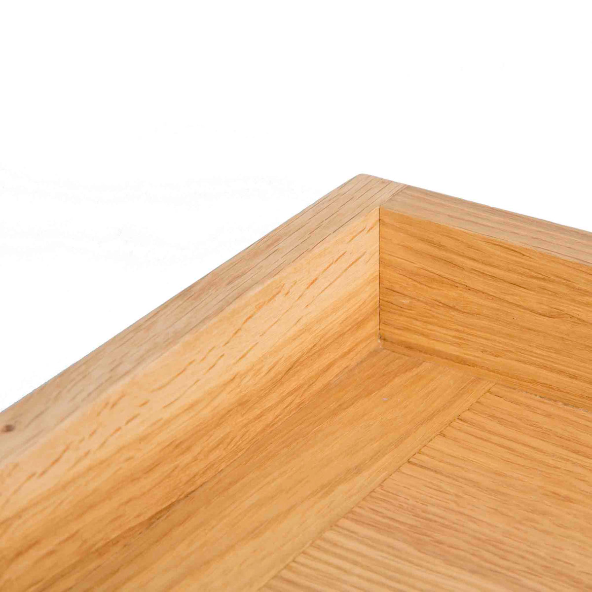 Farrow Grey Hallway Storage Bench - Close up of oak top edge to hold cushion