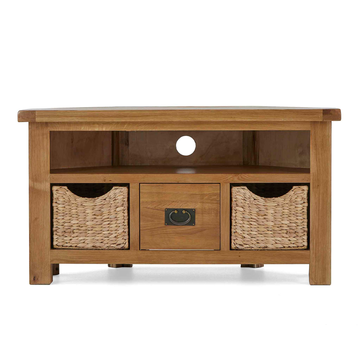 Zelah Oak Corner TV Stand with Baskets - Front view