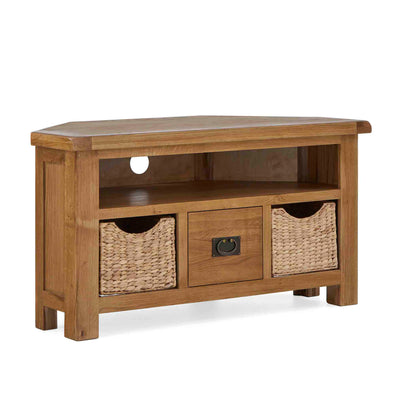 Zelah Oak Corner TV Stand with Baskets