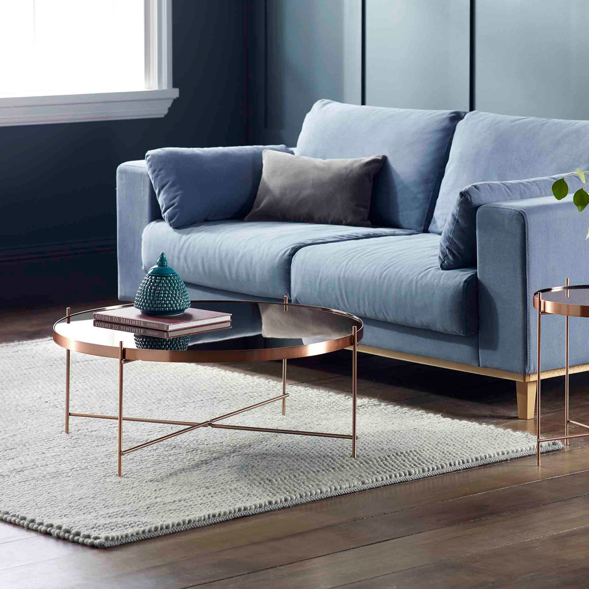 Arla Copper Metal Round Coffee Table with mirrored top Lifestyle