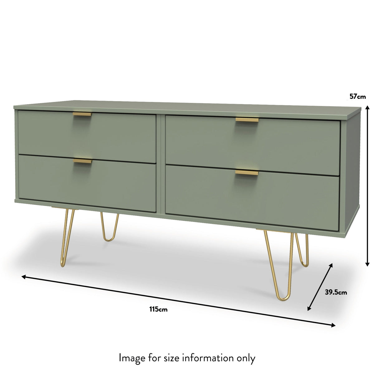 Moreno Olive Green Low 4 Drawer Chest with gold hairpin legs dimensions guide