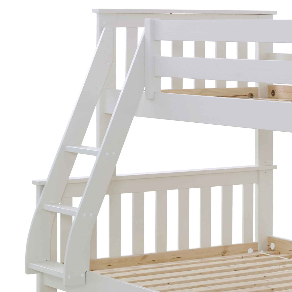 close up of the white painted frame on the Carlson White Triple Sleeper Bunk Bed