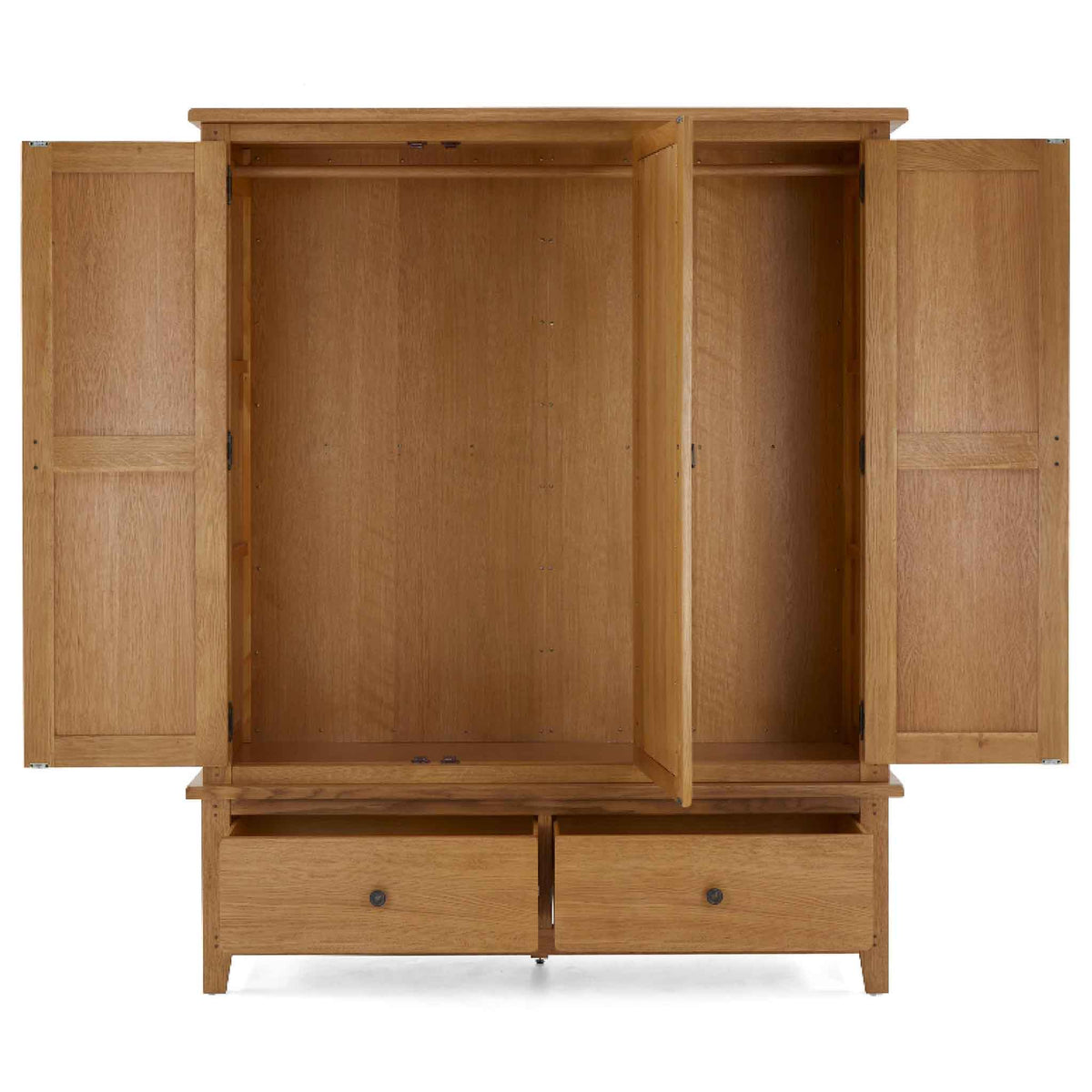 Broadway Oak Triple Wardrobe - Front view with wardrobe doors and drawers open