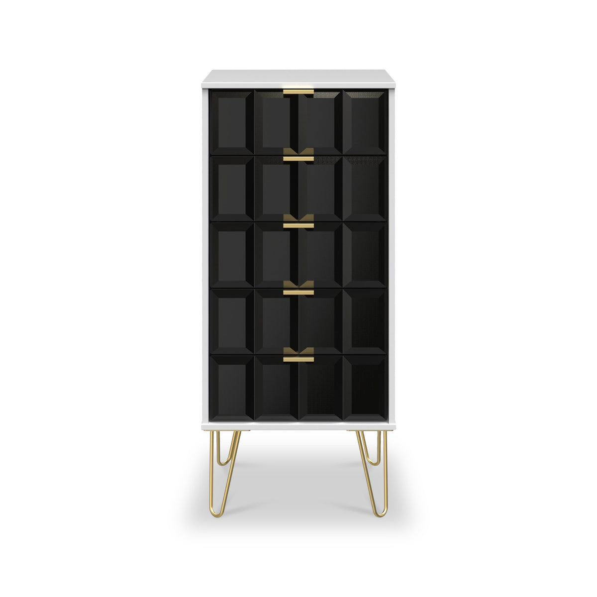 Harlow Black & White 5 Drawer Tallboy with Gold Hairpin Legs