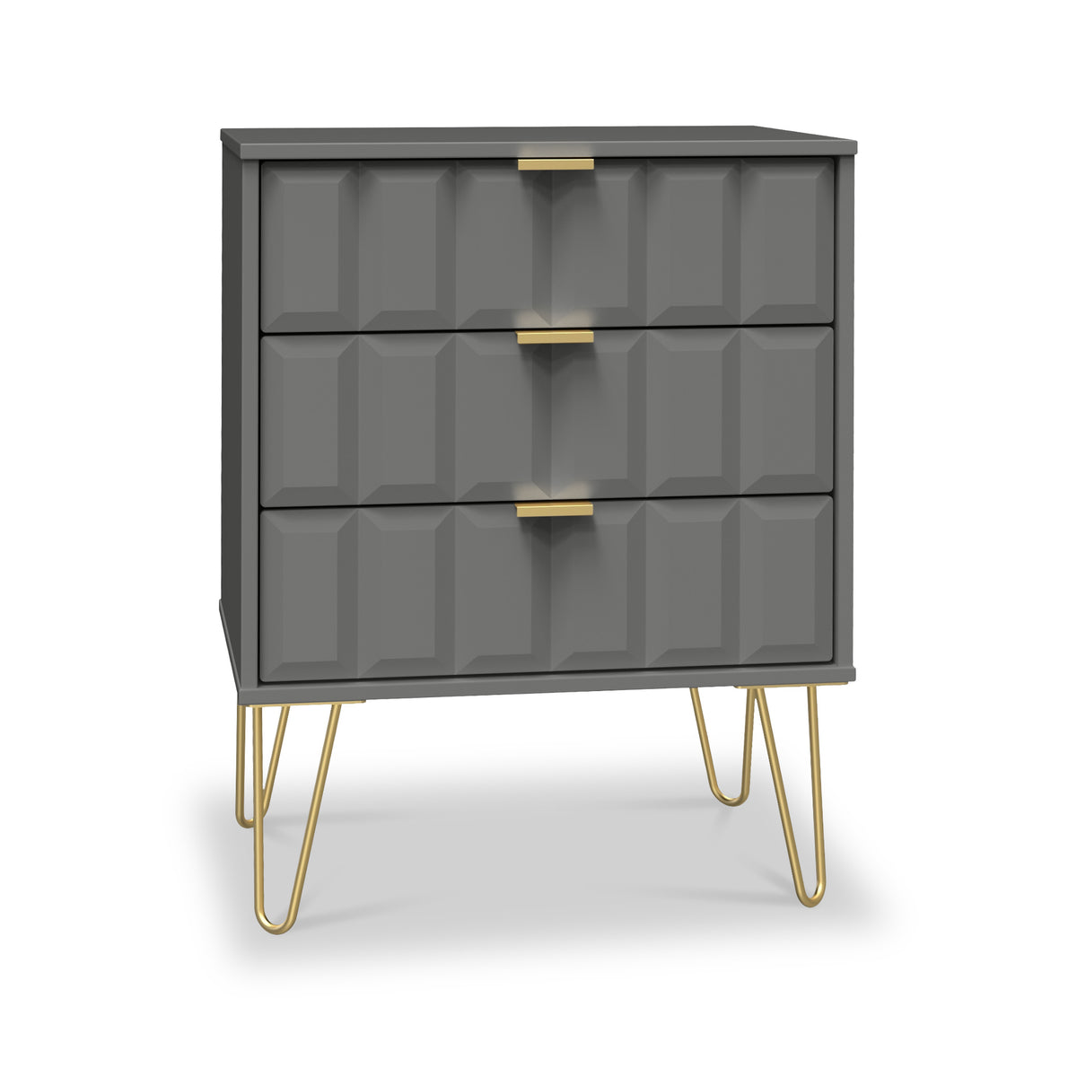 Harlow Grey 3 Drawer Midi Sideboard with Gold Hairpin Legs from Roseland