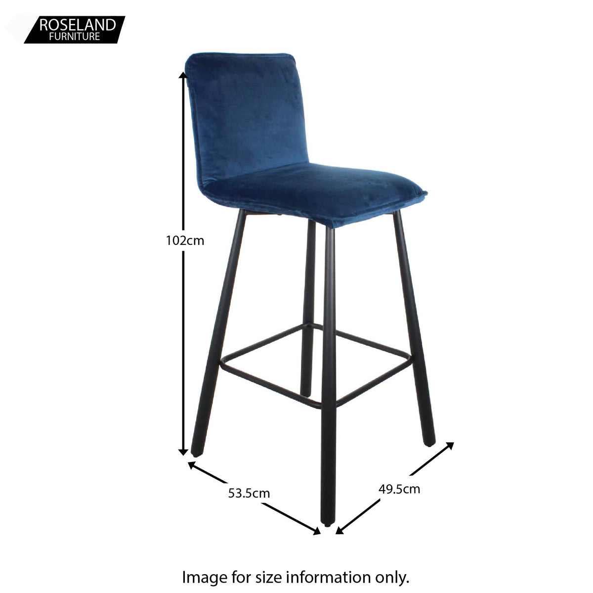 Dimensions for the Blue Whitney Velvet Breakfast Bar Stool from Roseland Furniture