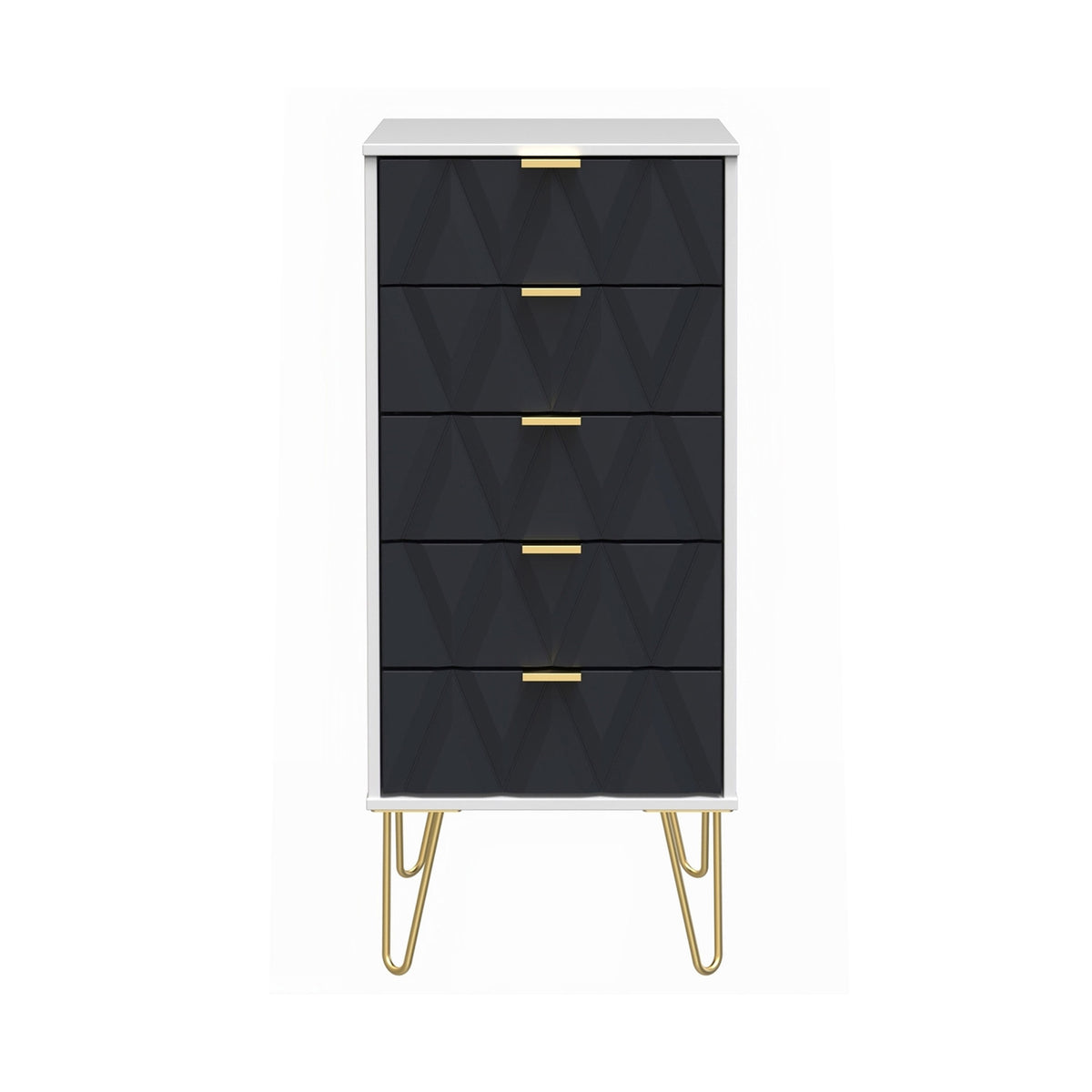 Geo white and navy slim 5 drawer tallboy chest from roseland