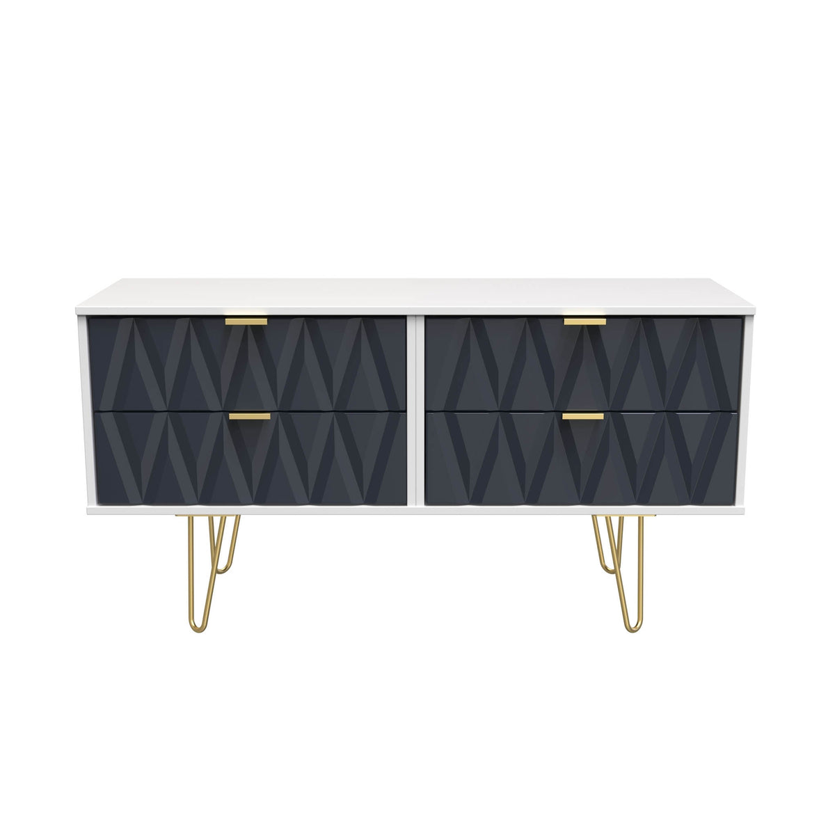 Geo white and navy 4 Drawer Low TV Unit with gold hairpin legs from Roseland