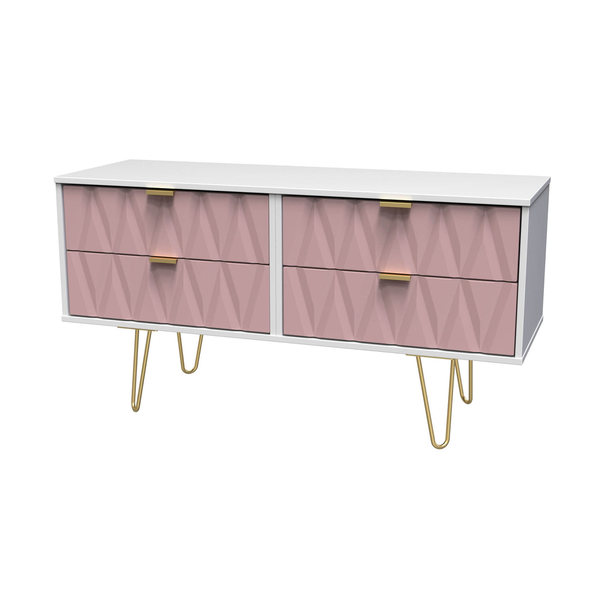 Geo white and pink 4 Drawer Contemporary Low TV Unit with gold hairpin legs