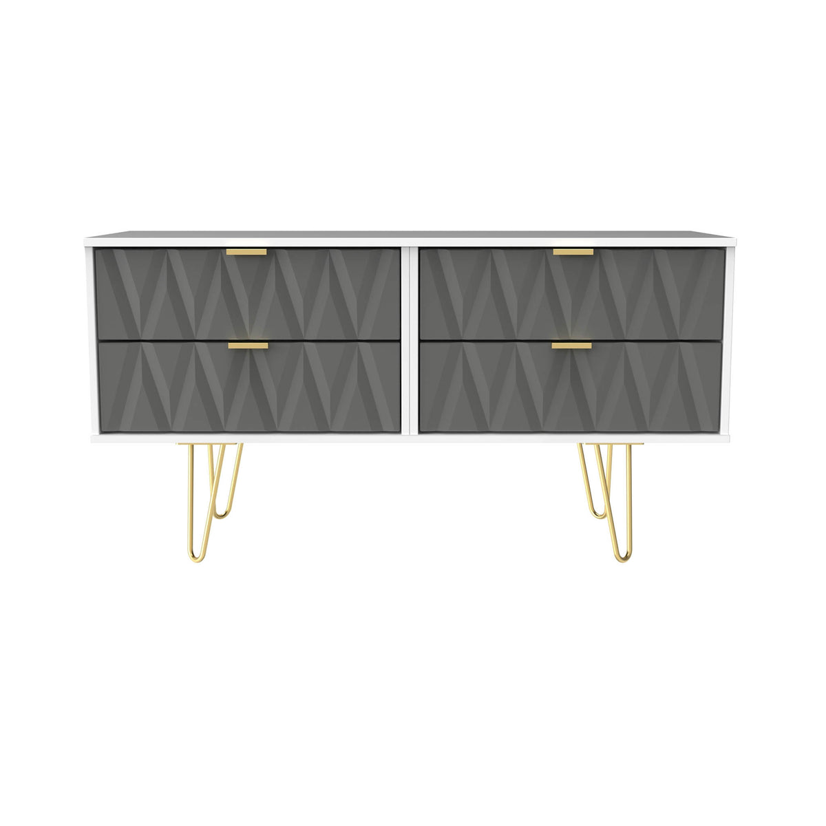 Geo white and grey 4 Drawer Low TV Unit with gold hairpin legs from roserland