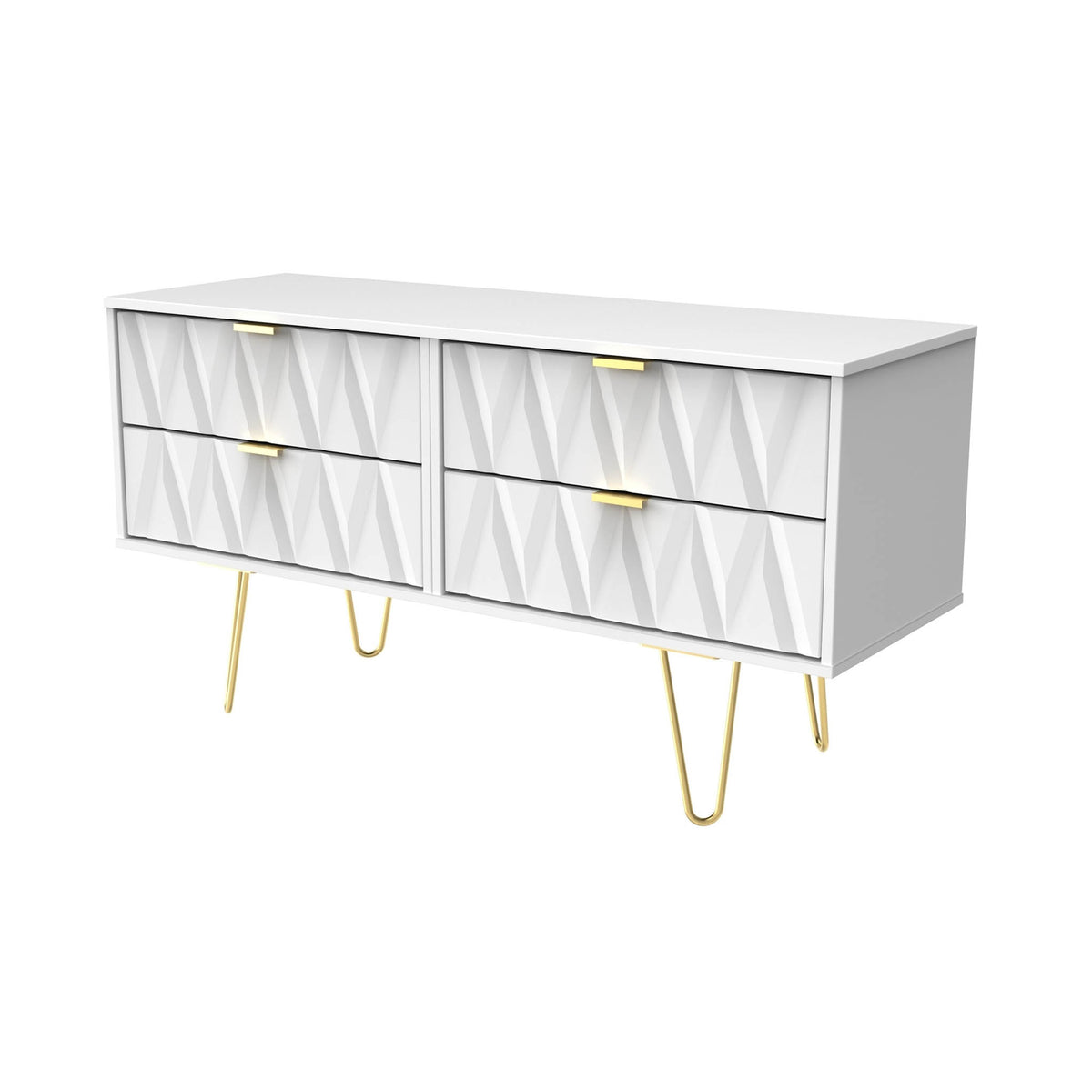 Geo white 4 Drawer contemporary Low TV Unit with gold hairpin legs