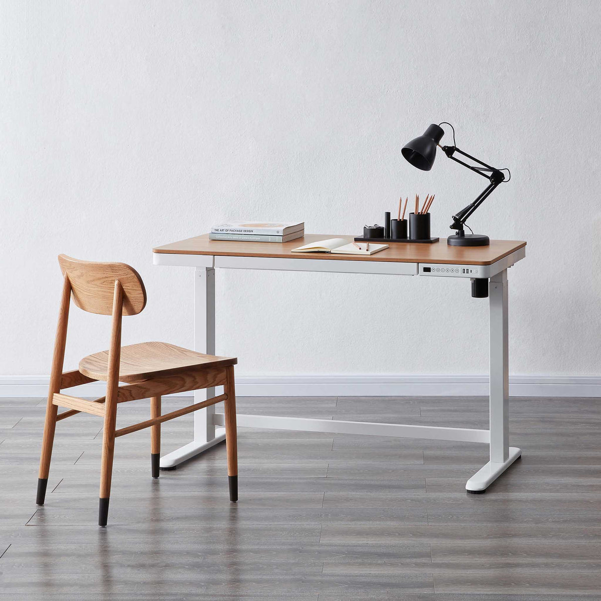 Juno White & Oak Wireless Smart Office Desk with adjustable height
