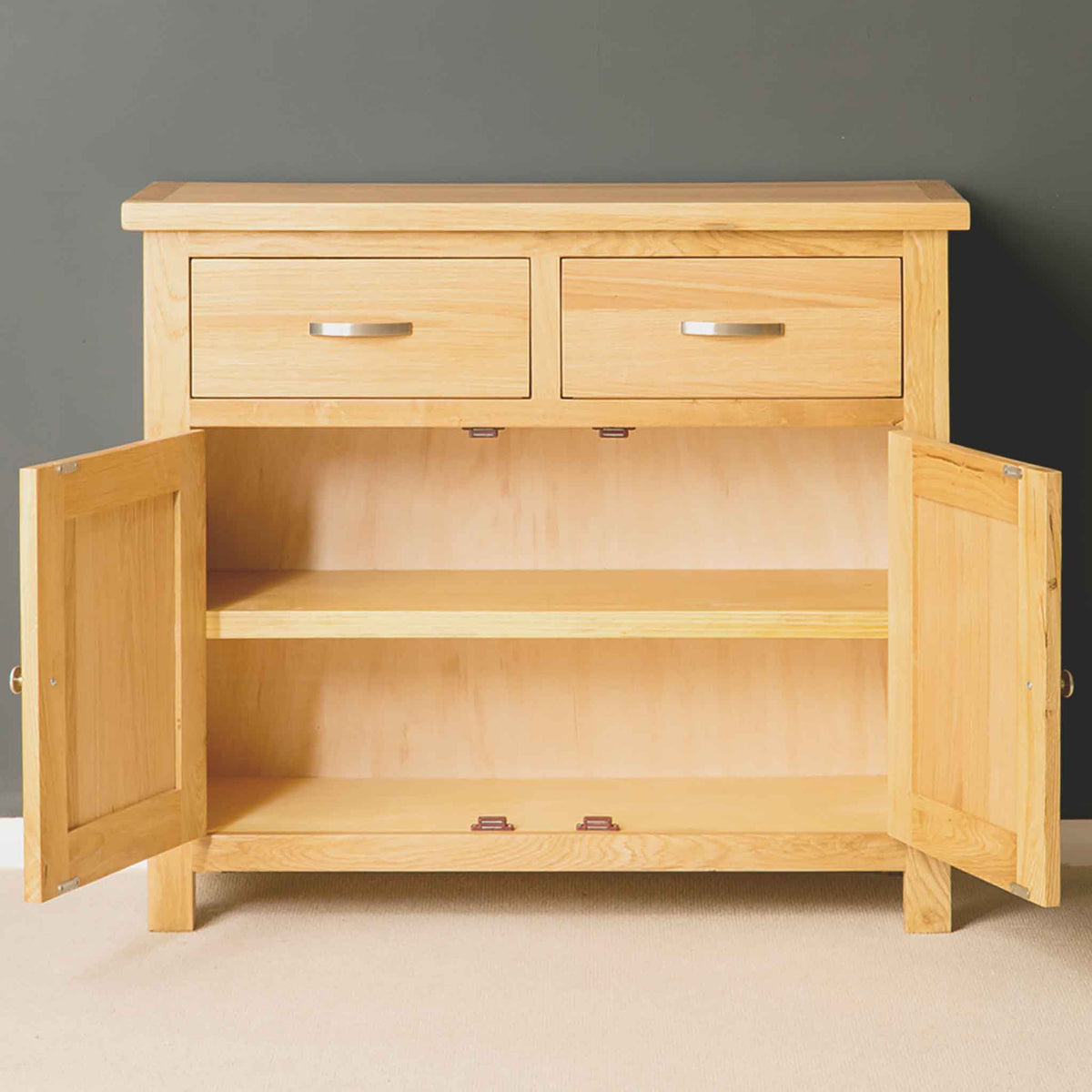 London Oak Small Sideboard - Front view with doors open