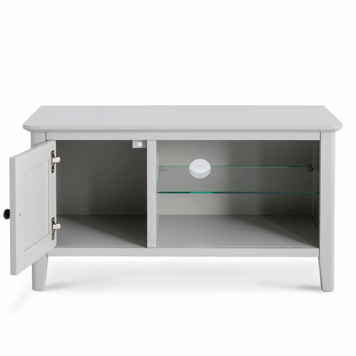 Elgin Grey 90cm Small TV Unit - Front view with cupboard door open