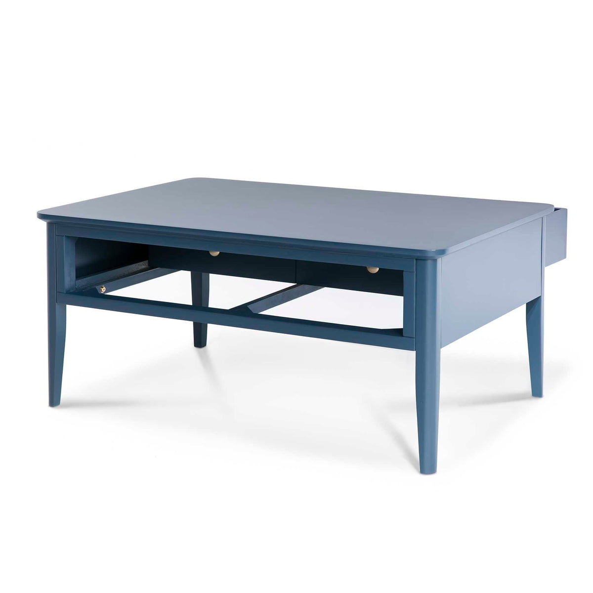 Stirling Blue Coffee Table - Side view with drawer open other side
