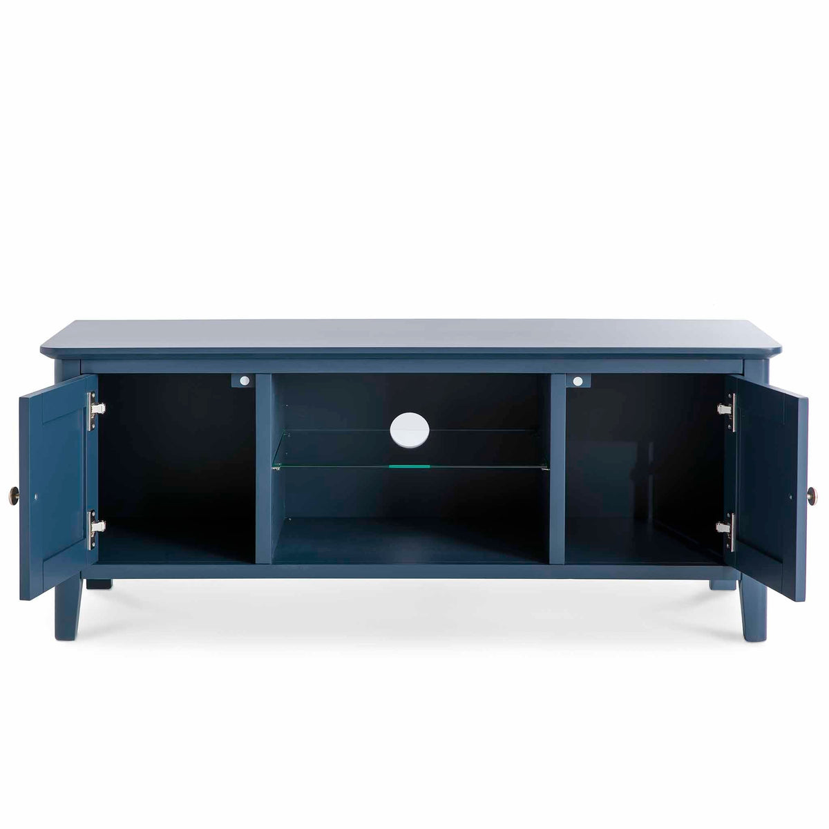 Stirling Blue 120cm Large TV Unit - Front view with cupboard doors open
