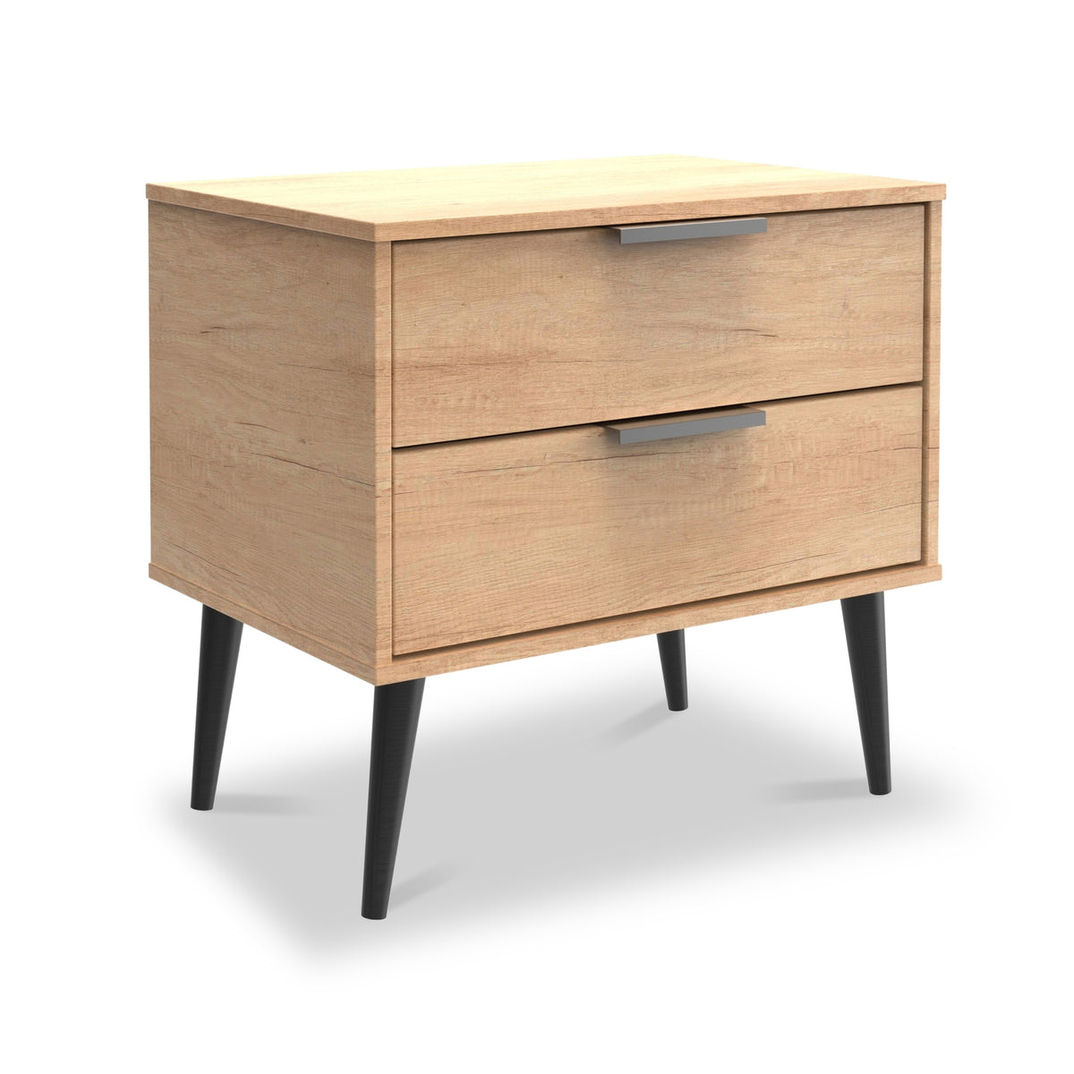 Asher Light Oak 2 Drawer Wireless Charging Lamp Side Table with black legs from Roseland Furniture