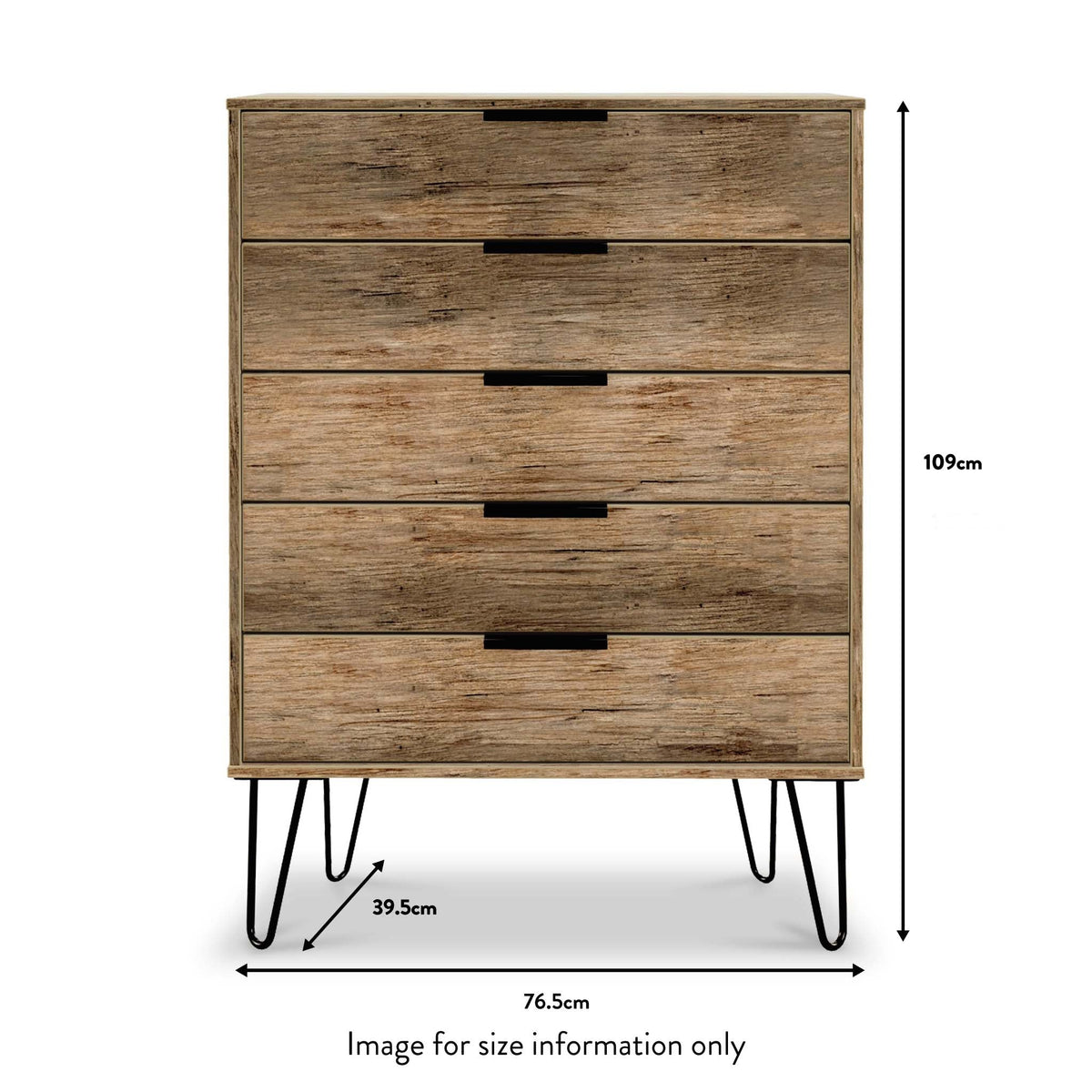 Moreno Rustic Oak 5 Drawer Chest with Black Hairpin Legs size guide