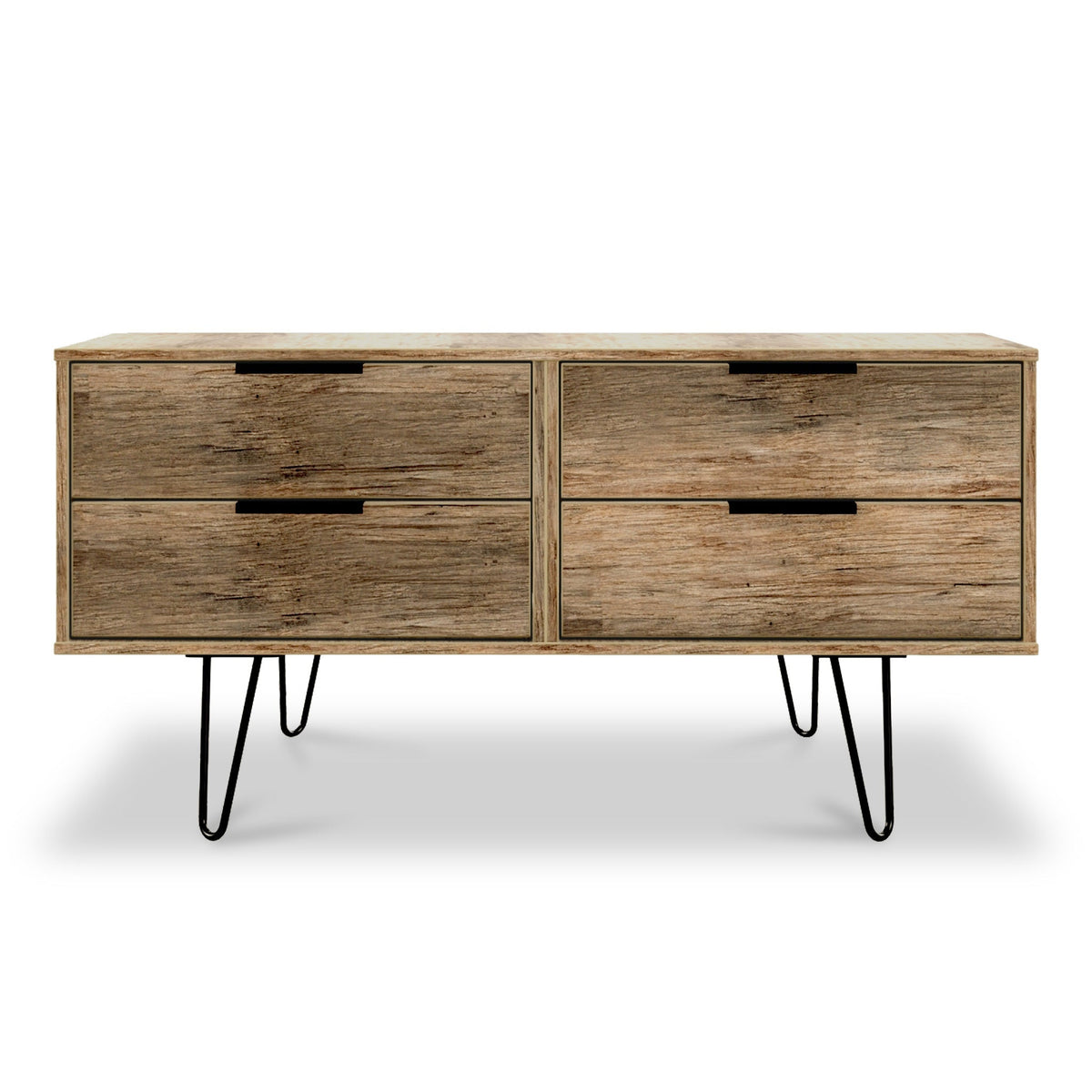 Moreno Rustic Oak Low Storage Unit with Black Hairpin Legs from Roseland Furniture