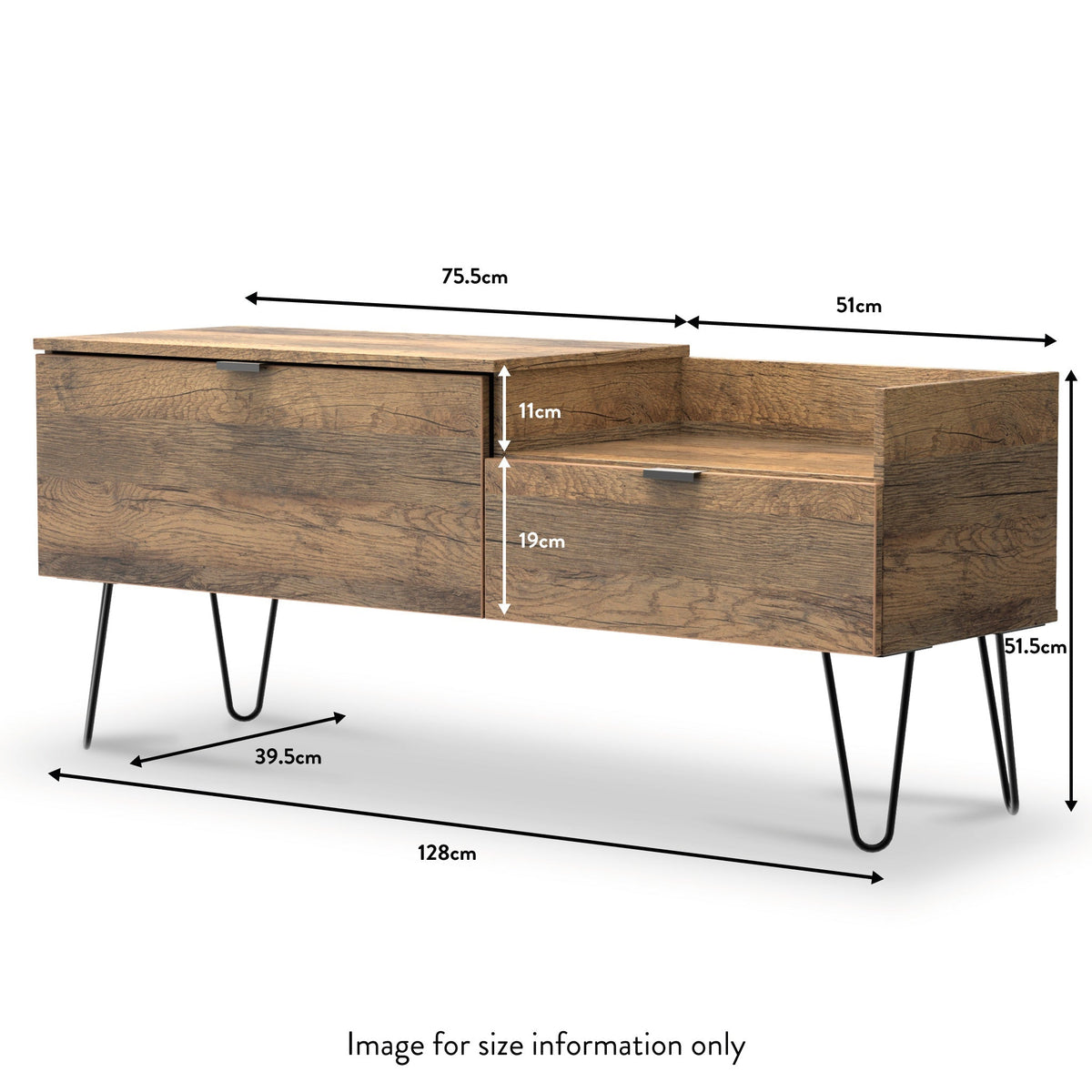 Moreno Rustic Oak TV Console Unit with Black Hairpin Legs drawer size
