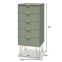 Moreno Olive Green 5 Drawer Tallboy Chest with Gold Hairpin Legs dimensions guide