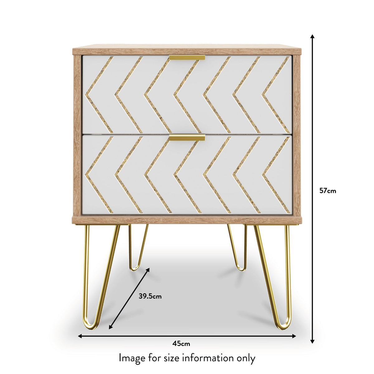 Mila White with Gold Hairpin Legs 2 Drawer Bedside from Roseland size
