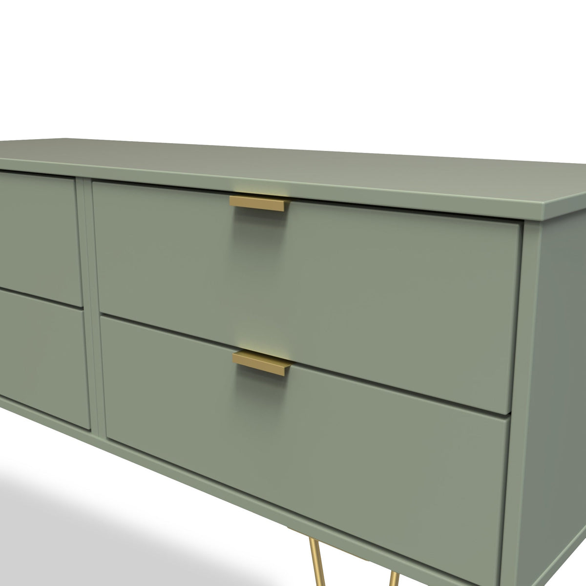 Moreno Olive Green Low 4 Drawer Chest with gold hairpin legs