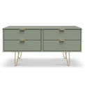 Moreno Olive Green Low 4 Drawer Chest with gold hairpin legs from Roseland Furniture