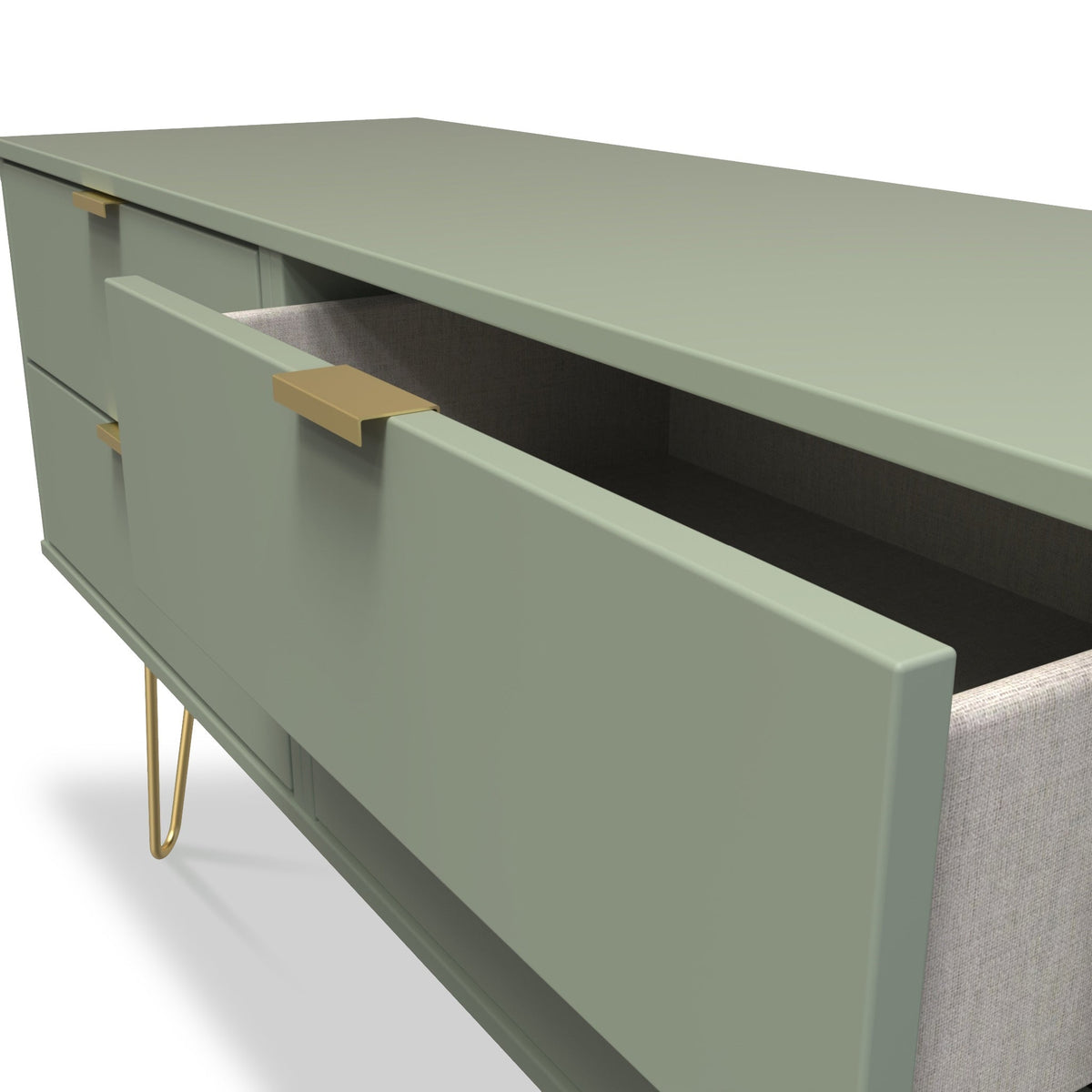 Moreno Olive Green Low 4 Drawer Chest with gold hairpin legs drawer close up