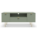Moreno Olive Green 2 Door 1 Drawer Large TV Unit with Gold Hairpin Legs from Roseland Furniture