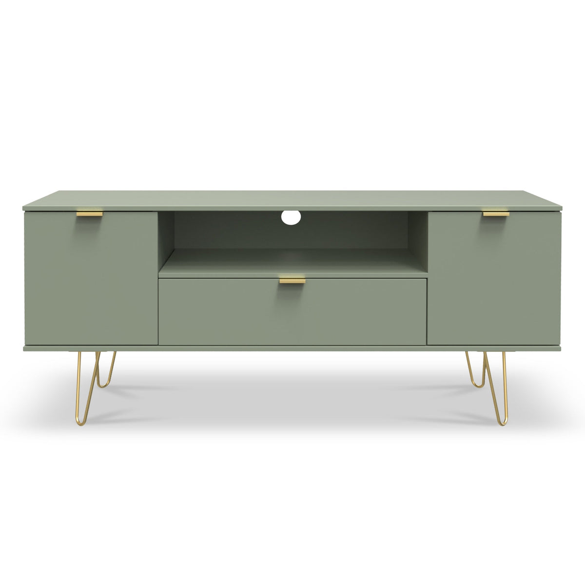 Moreno Olive Green 2 Door 1 Drawer Large TV Unit with Gold Hairpin Legs from Roseland Furniture
