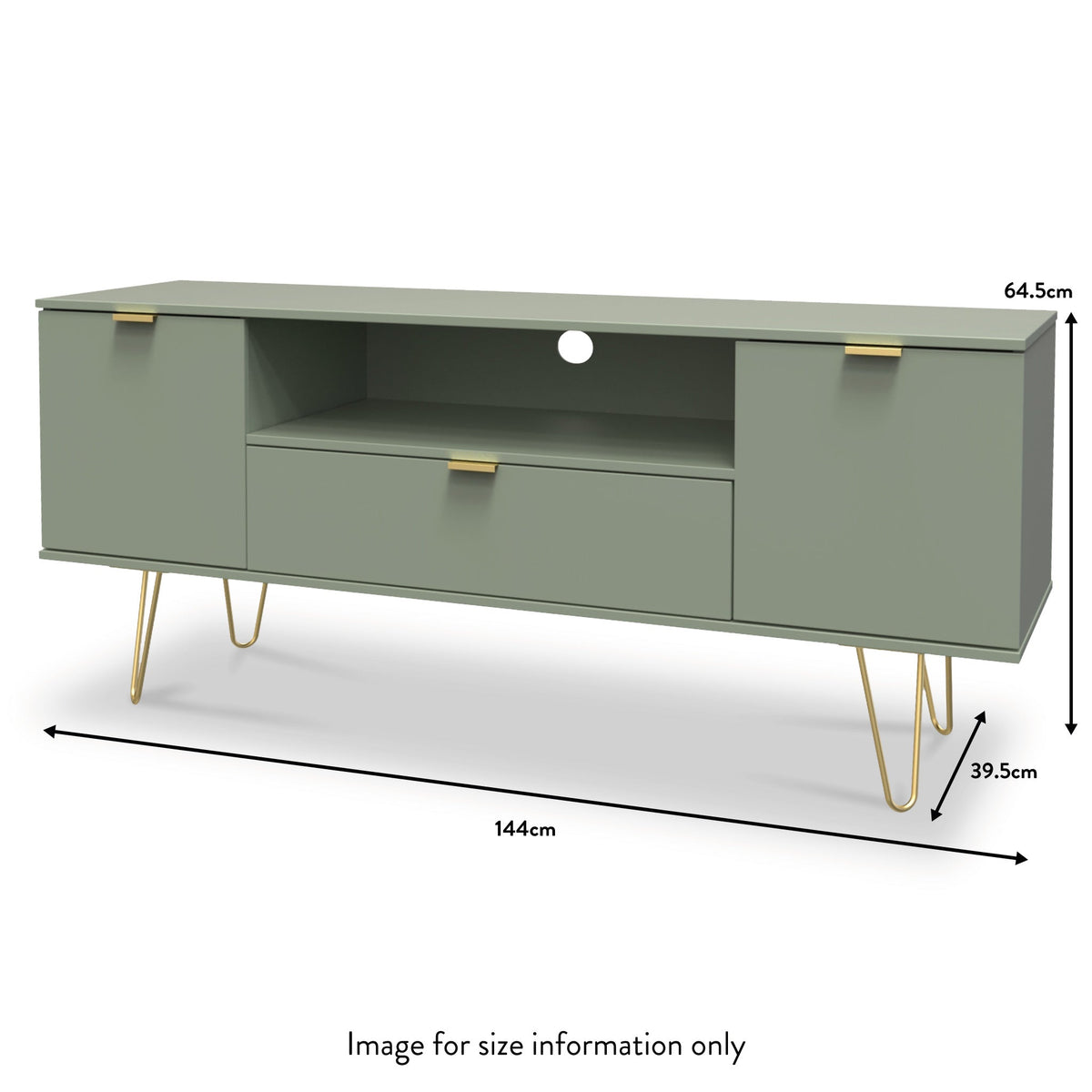 Moreno Olive Green 2 Door 1 Drawer Large TV Unit with Gold Hairpin Legs dimensions guide
