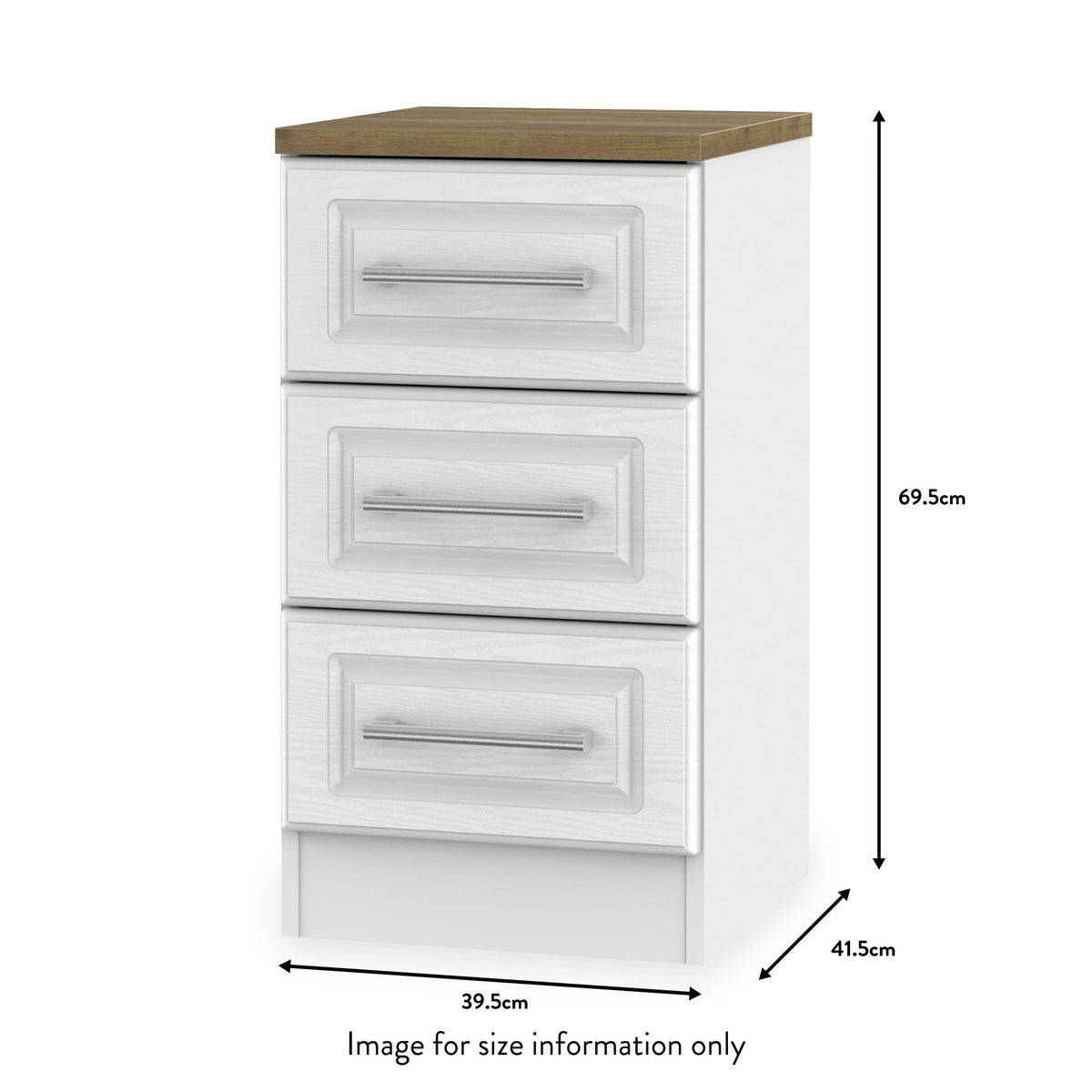 Talland White 3 Drawer Bedside Cabinet from Roseland size