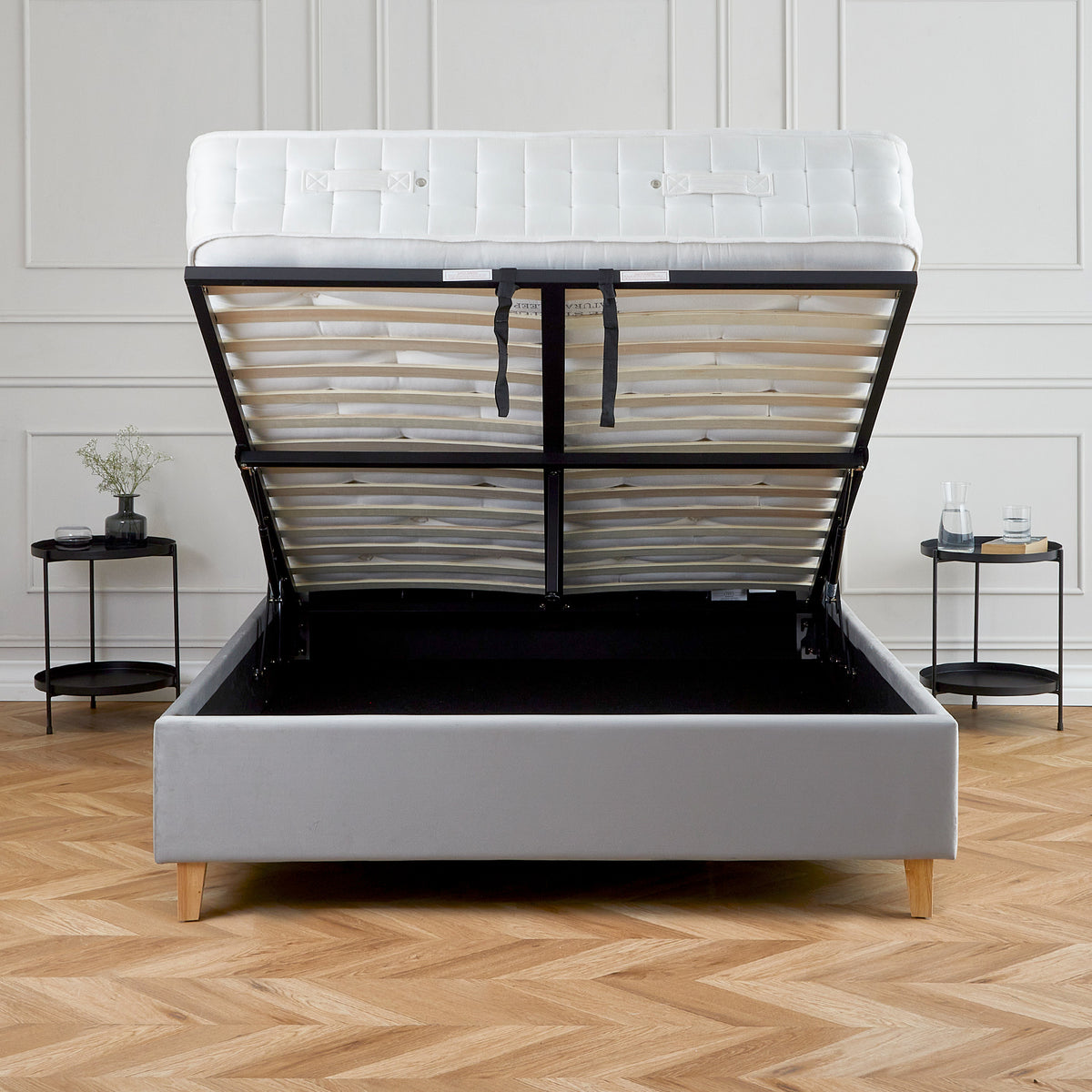 Kia Grey Velvet Ottoman Storage Bed Frame from Roseland