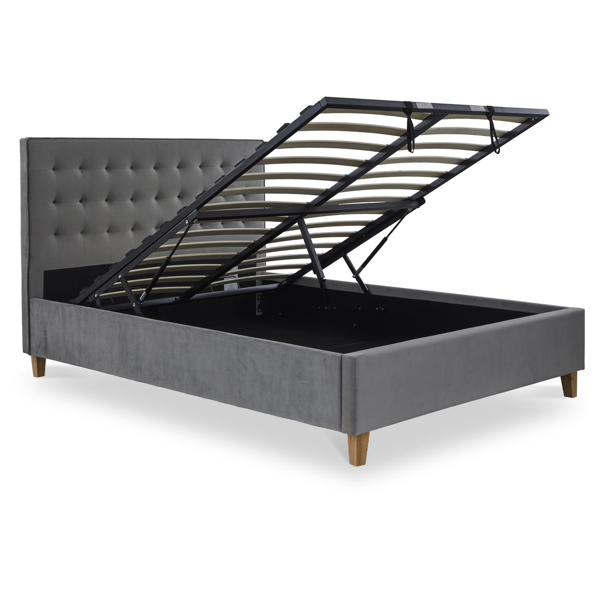 Kia Grey Velvet Ottoman Storage Bed Frame