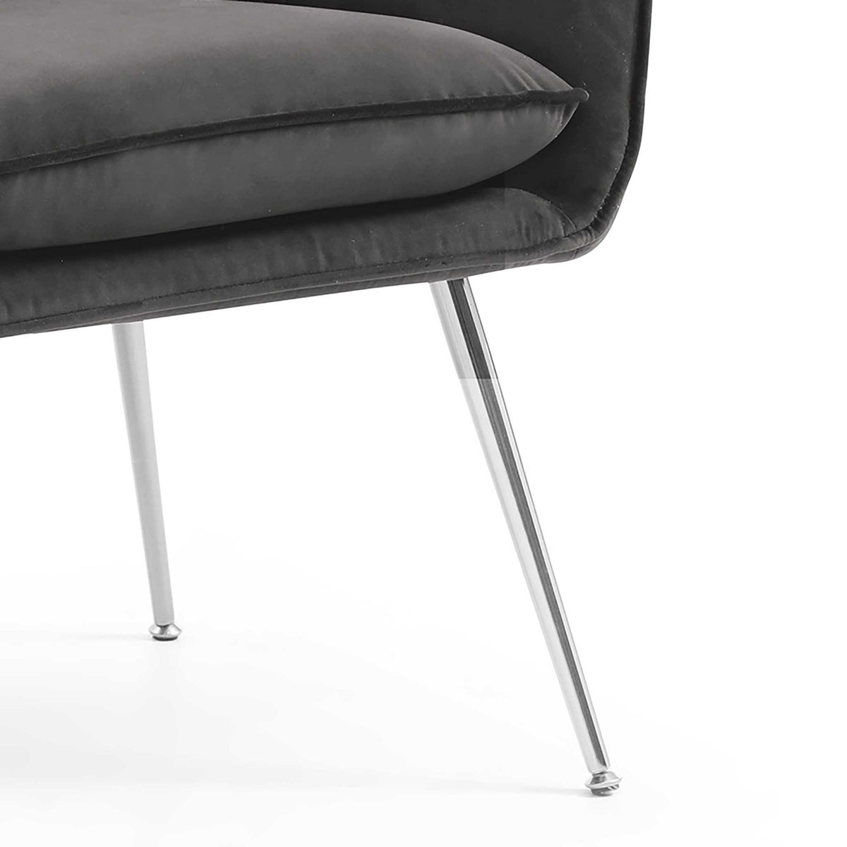 close up of the slim metal legs on the Diamond Grey Velvet Accent Chair