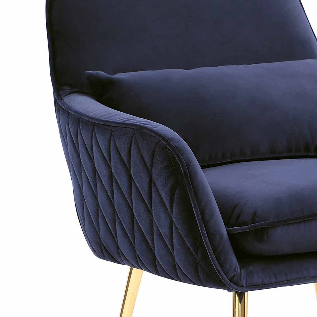 close up of the diamond stitched arm fabric on the Diamond Ink Blue Velvet Accent Chair