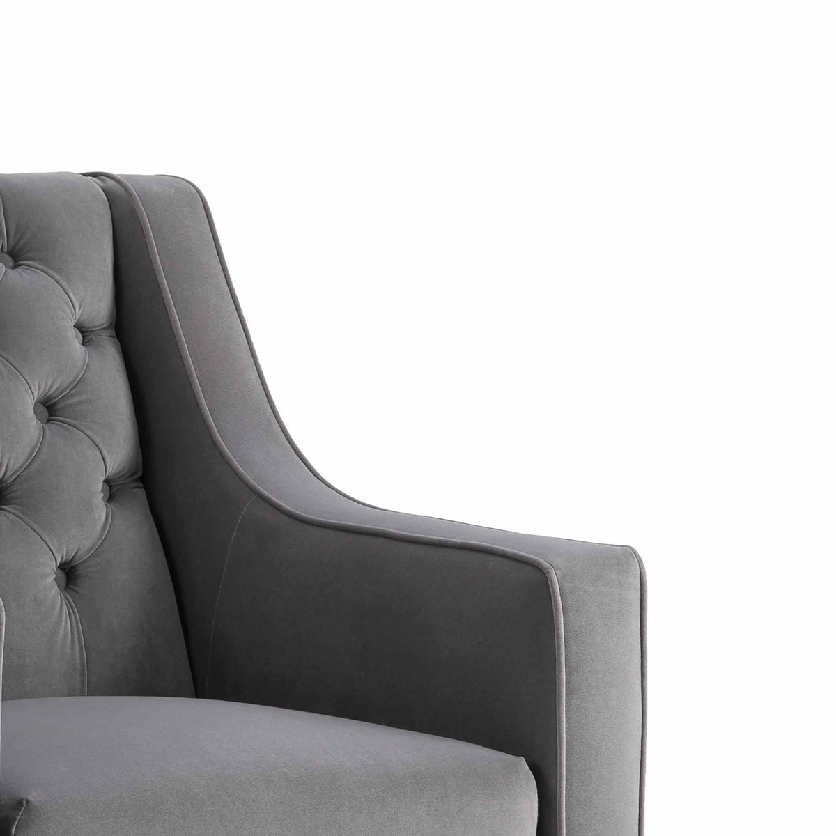 Eliza Grey Chesterfield Arm Chair - Close up of shape of armrest