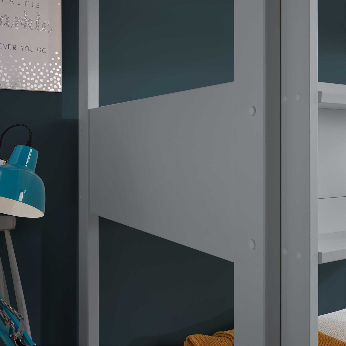 close up of the side frame on the Trio Grey 3 Sleeper Wooden Bunk Bed