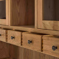Zelah Oak Large Dresser - Close up of small drawers on the top hutch
