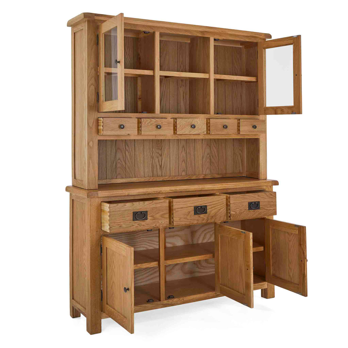 Zelah Oak Large Dresser - Side view with cupboards and drawers open