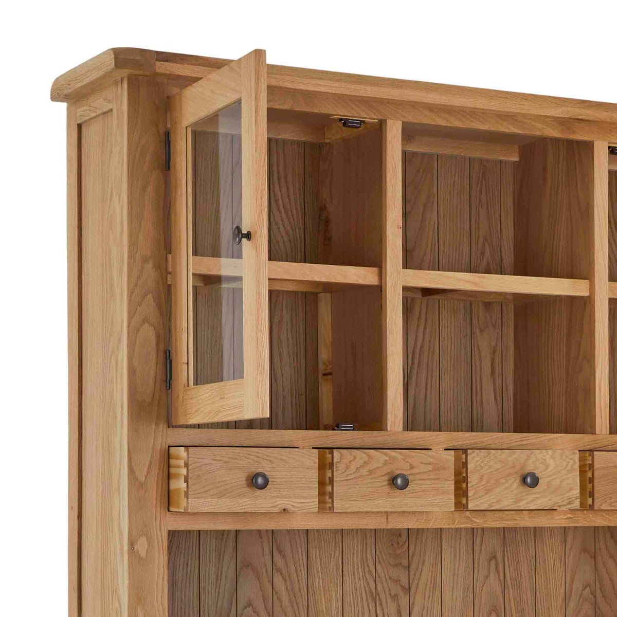 Zelah Oak Large Dresser - Close up of  display cabinet on hutch