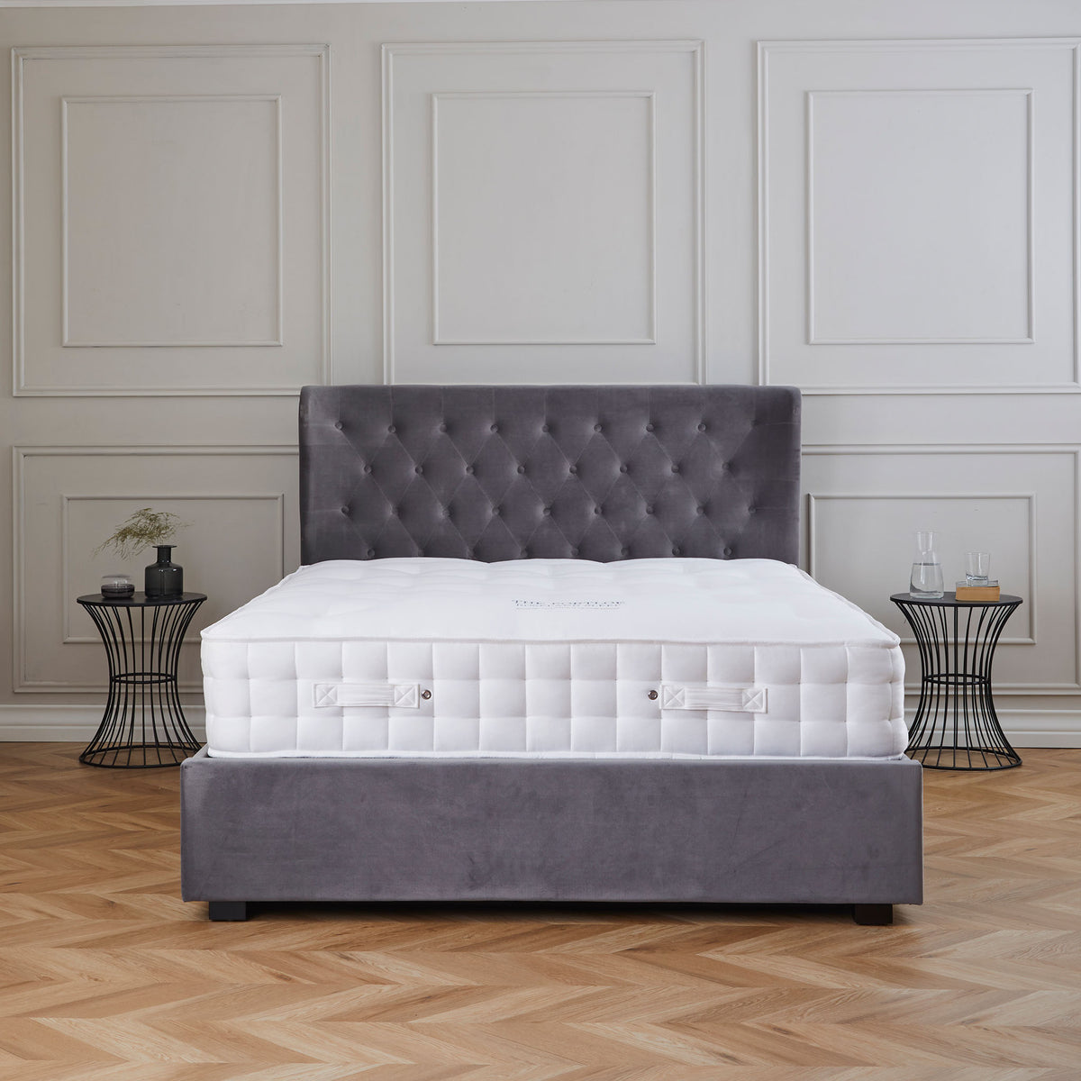 Richmond Grey Velvet Ottoman Storage Bed Frame with winged headboard