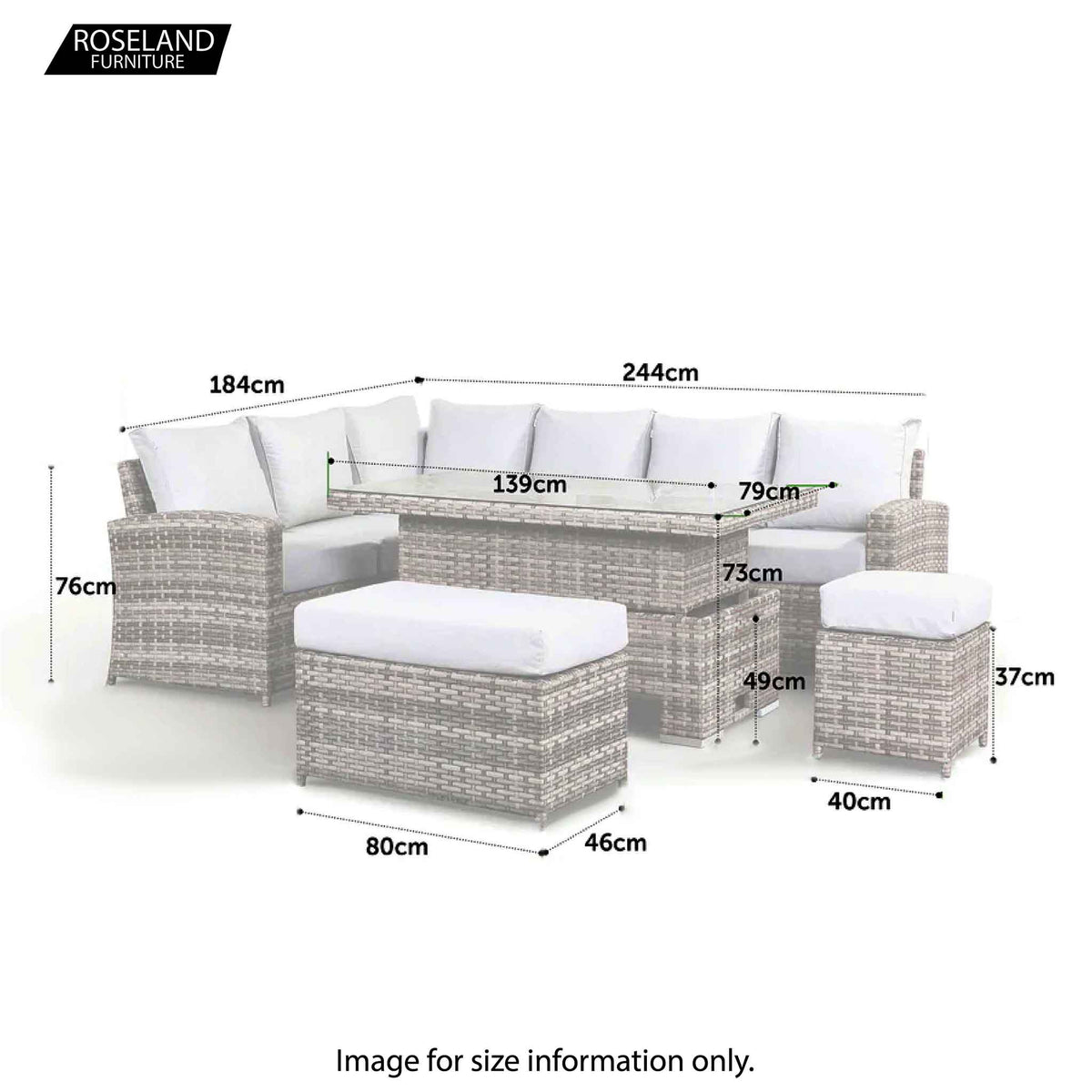 Sloane Brown Mix Rattan Corner Dining Set with Adjustable Height Table dimensions