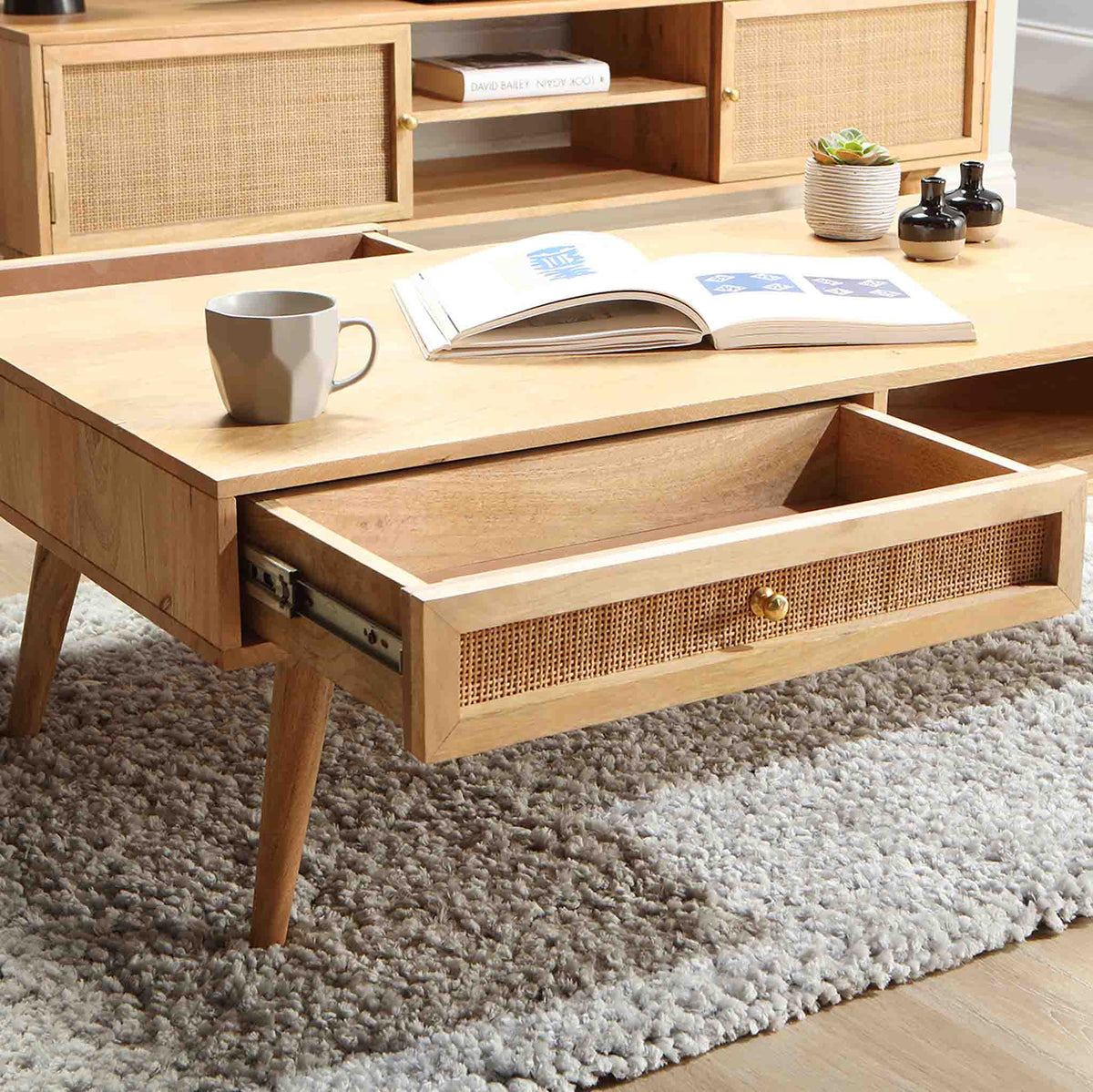 Venti Natural Mango Wood and Cane Coffee Table close up