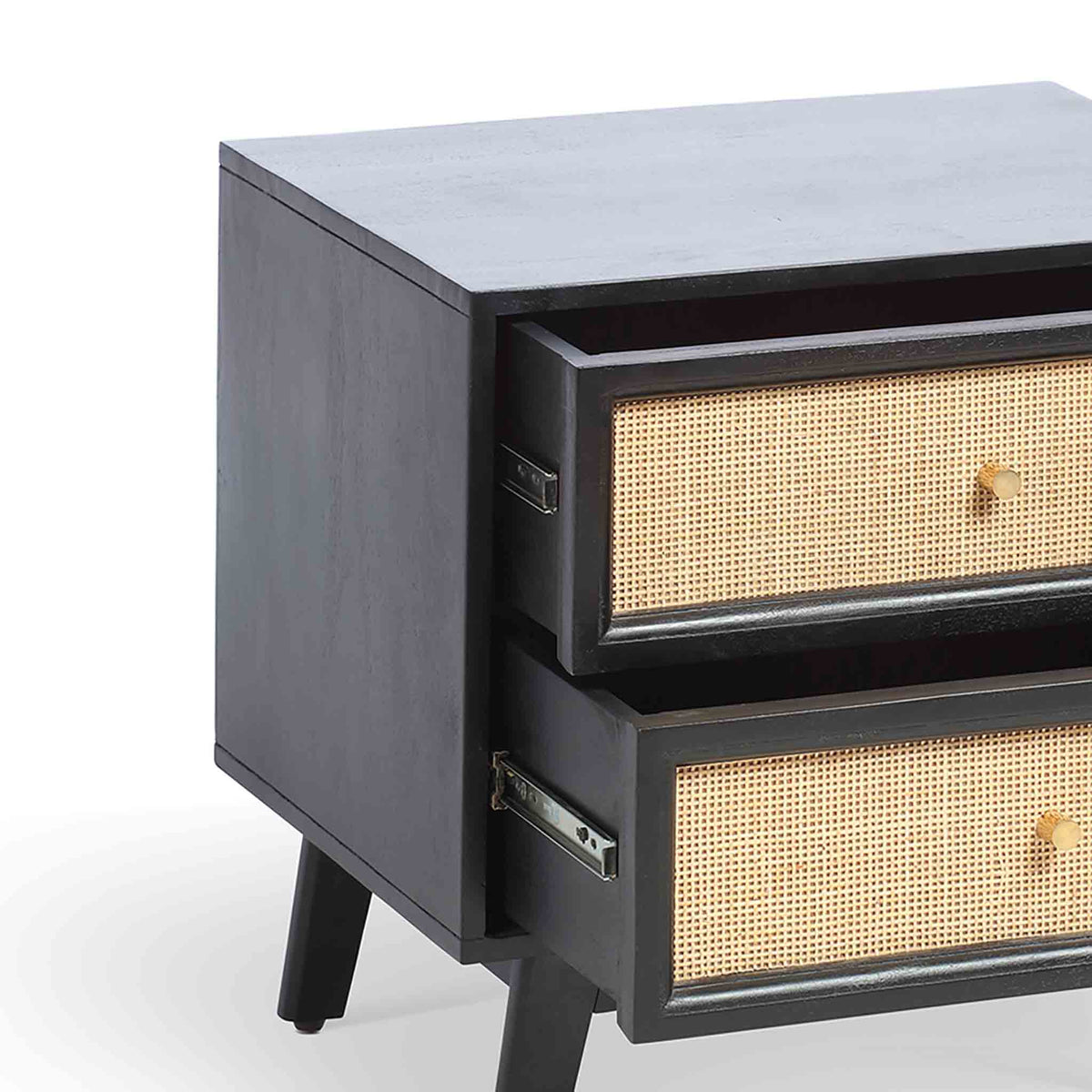 Venti Black Mango Wood & Cane Bedside Table Cabinet