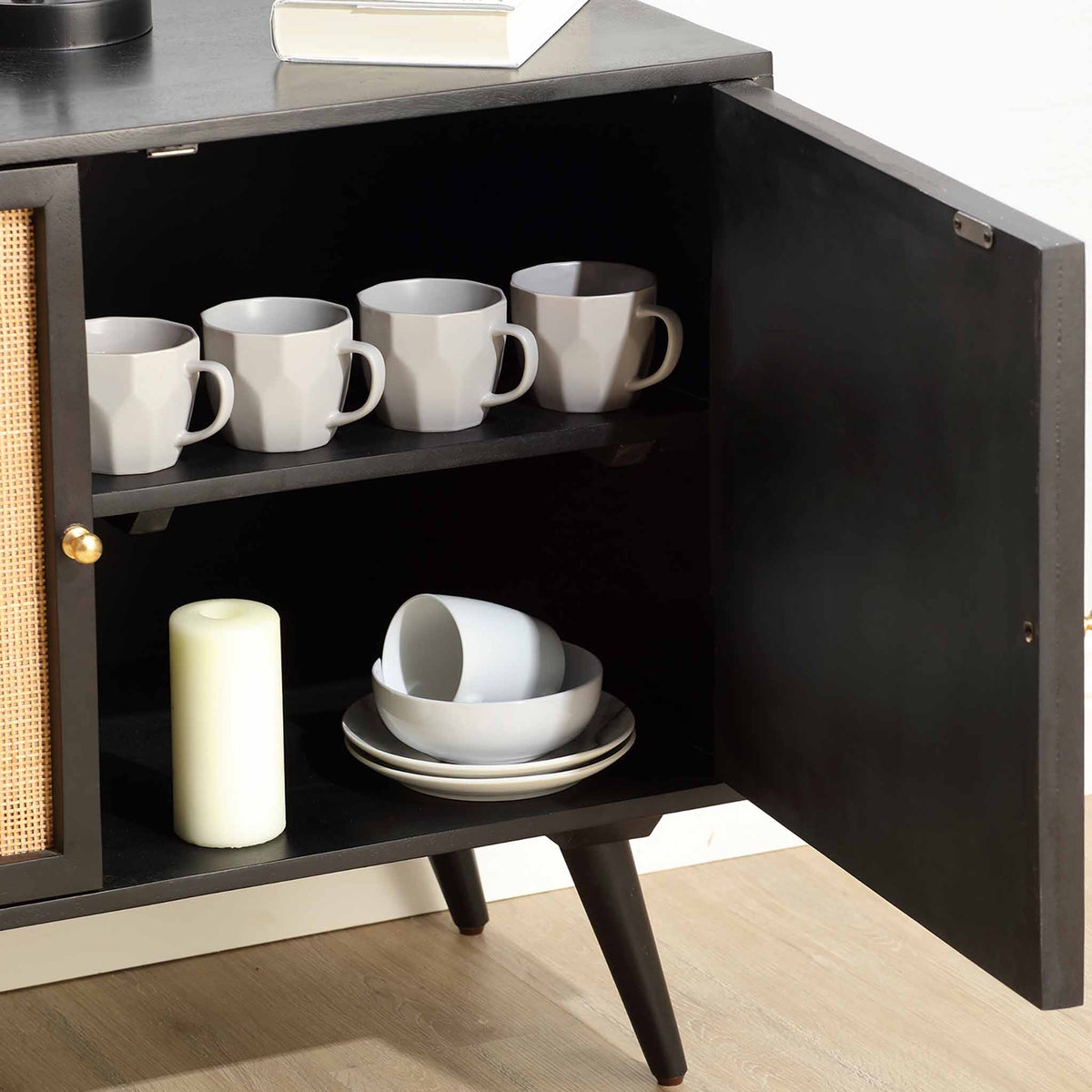 Venti Black Mango Wood and Cane Small Sideboard Cabinet 