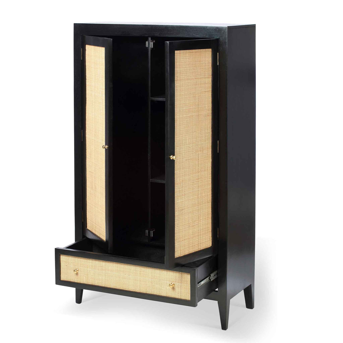 Venti black Mango Wood & Cane 2 Door Wardrobe with Storage 